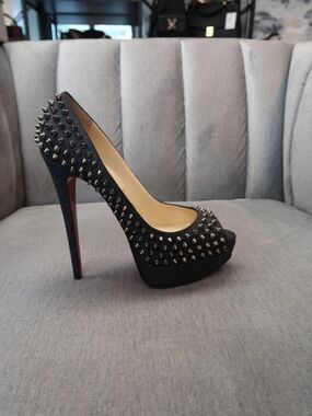 Christian Louboutin Black Studded Platform Peep-Toe Stiletto Heels